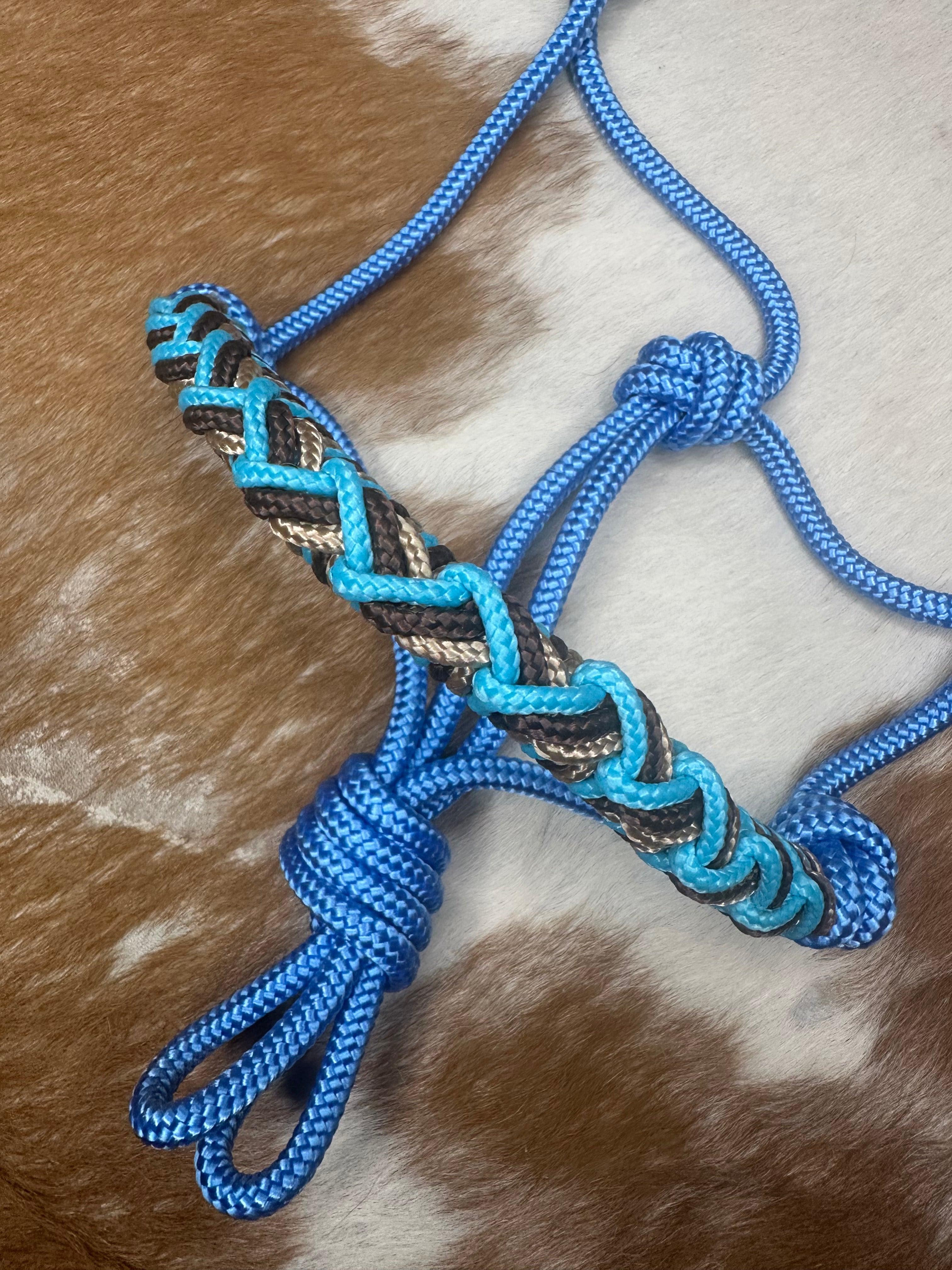 Touwhalster 'Bojangles' in Middenblauw met Turquoise/Bruin/Beige | Maat Mini